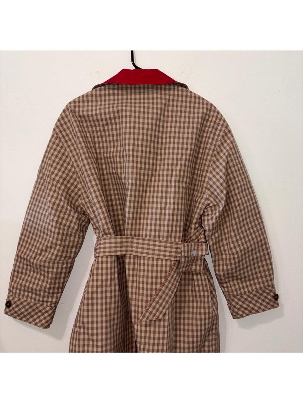 Damson Madder Reversible Red and Tan Check Women's Trench Coat oversized - Picture 13 of 16
